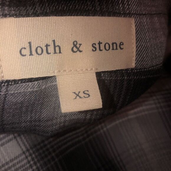 Cloth and Stone Plaid Shirt Dress XS Long Sleeve Popover Raw Hem‎ Black White - Picture 3 of 4